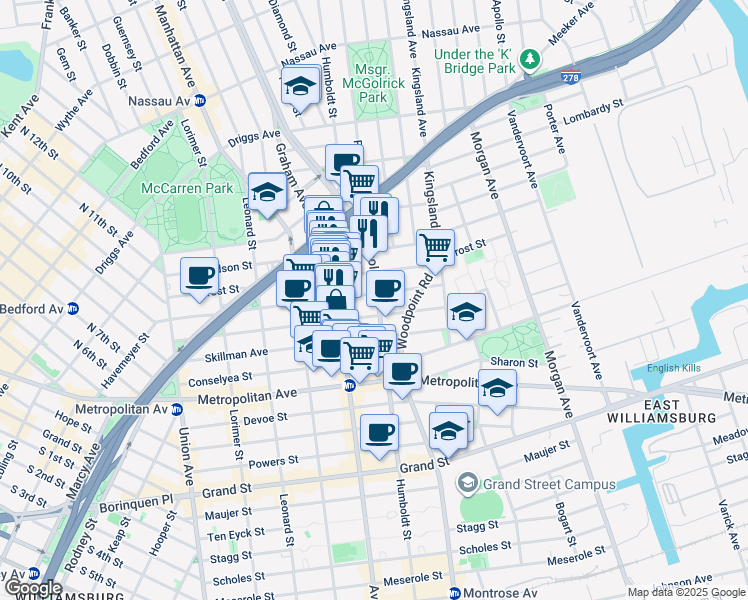 map of restaurants, bars, coffee shops, grocery stores, and more near 189 Withers Street in Brooklyn