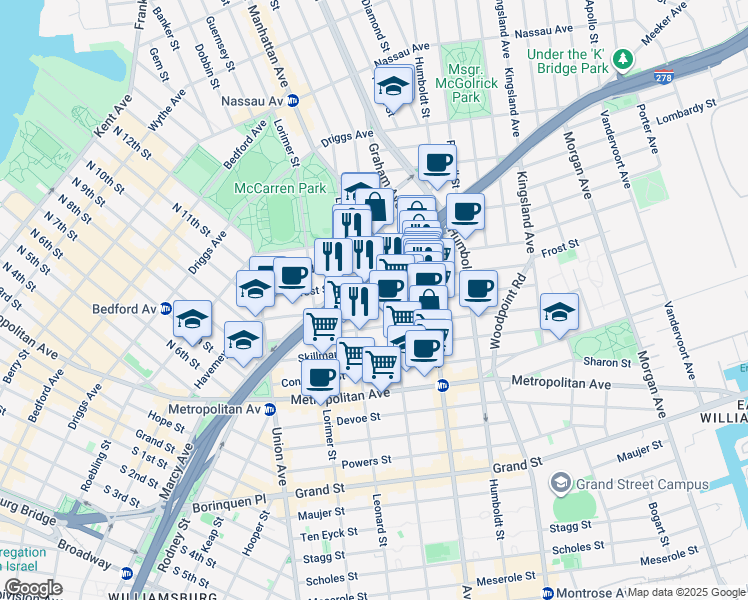 map of restaurants, bars, coffee shops, grocery stores, and more near 104 Frost Street in Brooklyn