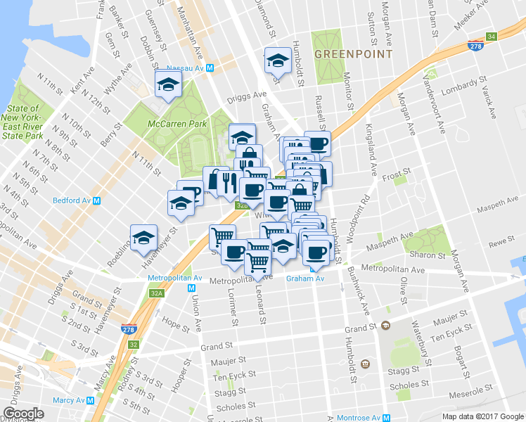 map of restaurants, bars, coffee shops, grocery stores, and more near 104 Frost Street in Brooklyn