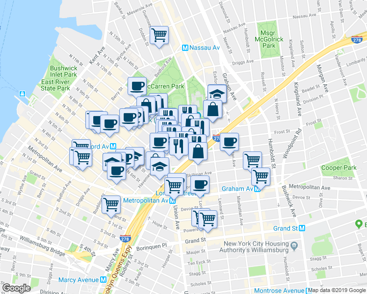 map of restaurants, bars, coffee shops, grocery stores, and more near 15 Frost Street in Brooklyn