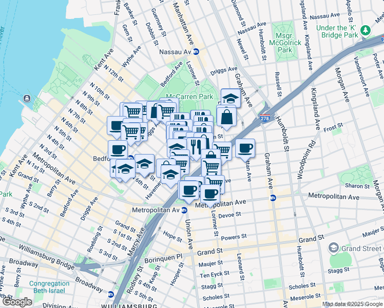 map of restaurants, bars, coffee shops, grocery stores, and more near 15 Frost Street in Brooklyn