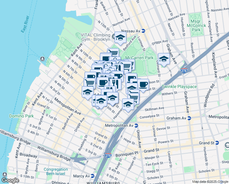 map of restaurants, bars, coffee shops, grocery stores, and more near in Brooklyn