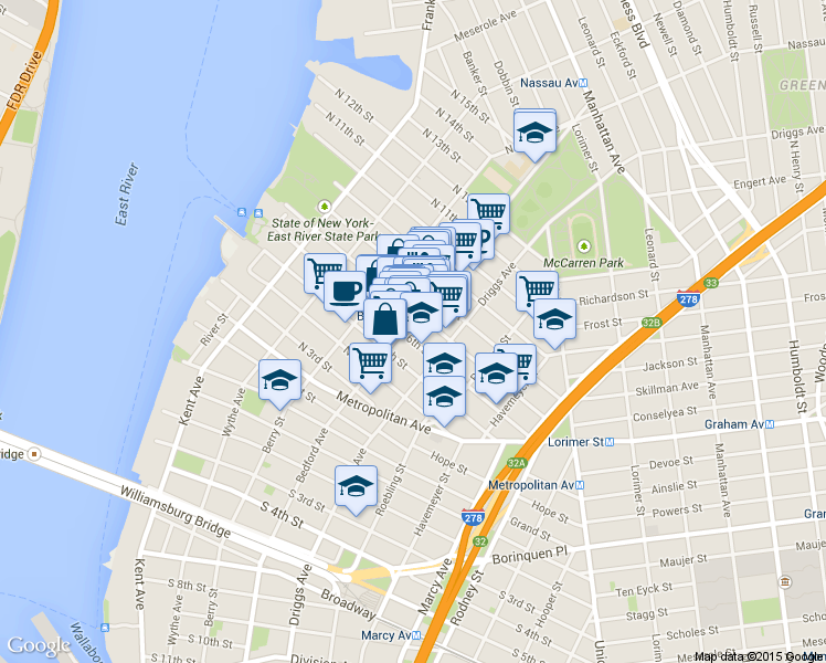 map of restaurants, bars, coffee shops, grocery stores, and more near 155 North 7th Street in Brooklyn