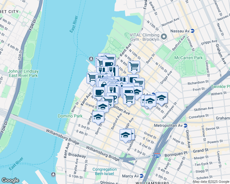 map of restaurants, bars, coffee shops, grocery stores, and more near 76 North 4th Street in Brooklyn