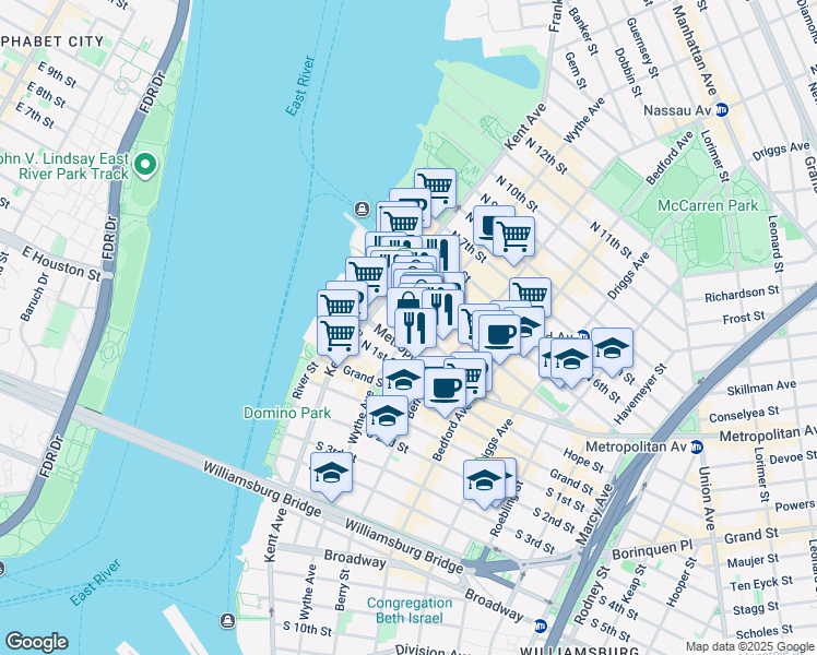map of restaurants, bars, coffee shops, grocery stores, and more near 225 Wythe Avenue in Brooklyn