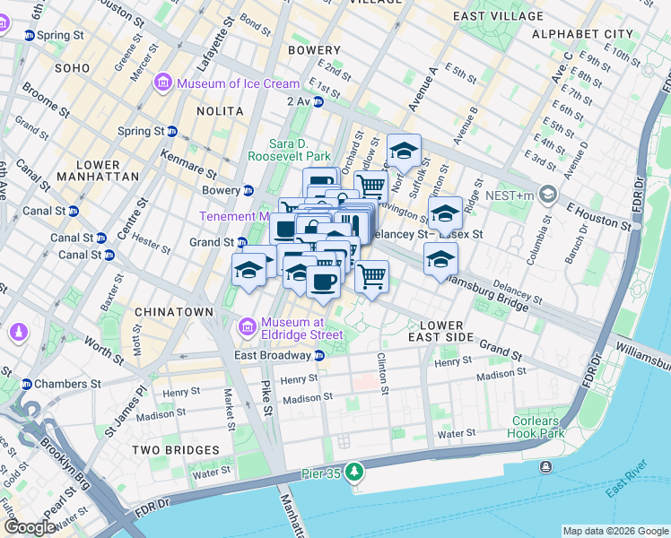 map of restaurants, bars, coffee shops, grocery stores, and more near 224 Broome Street in New York