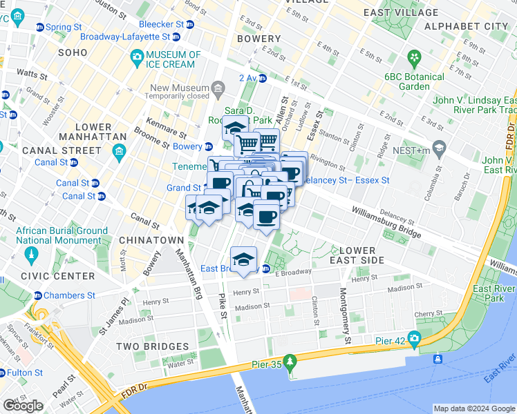 map of restaurants, bars, coffee shops, grocery stores, and more near in New York