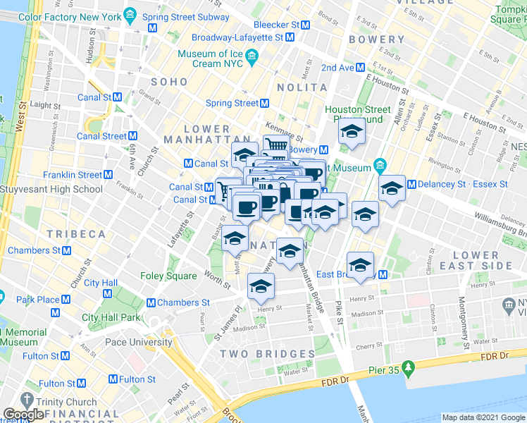 map of restaurants, bars, coffee shops, grocery stores, and more near in New York