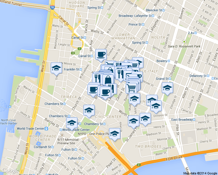 map of restaurants, bars, coffee shops, grocery stores, and more near 381 Broadway in New York