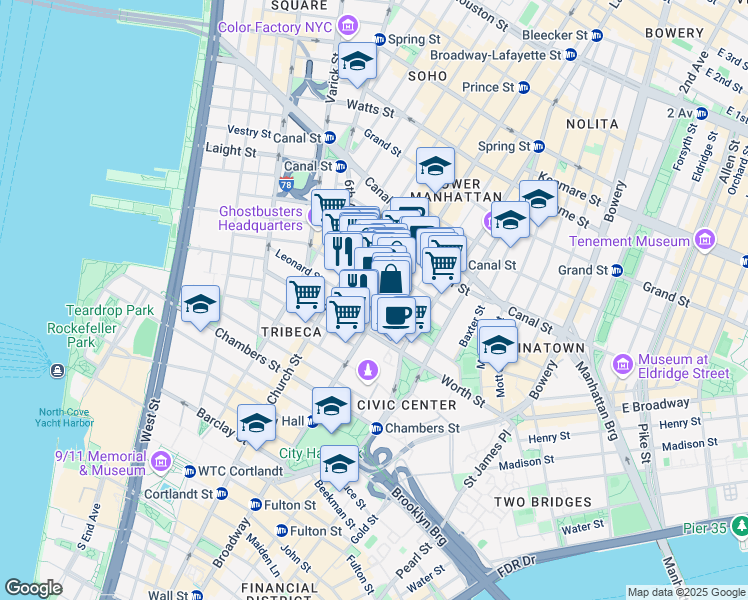 map of restaurants, bars, coffee shops, grocery stores, and more near 51-53 White Street in New York