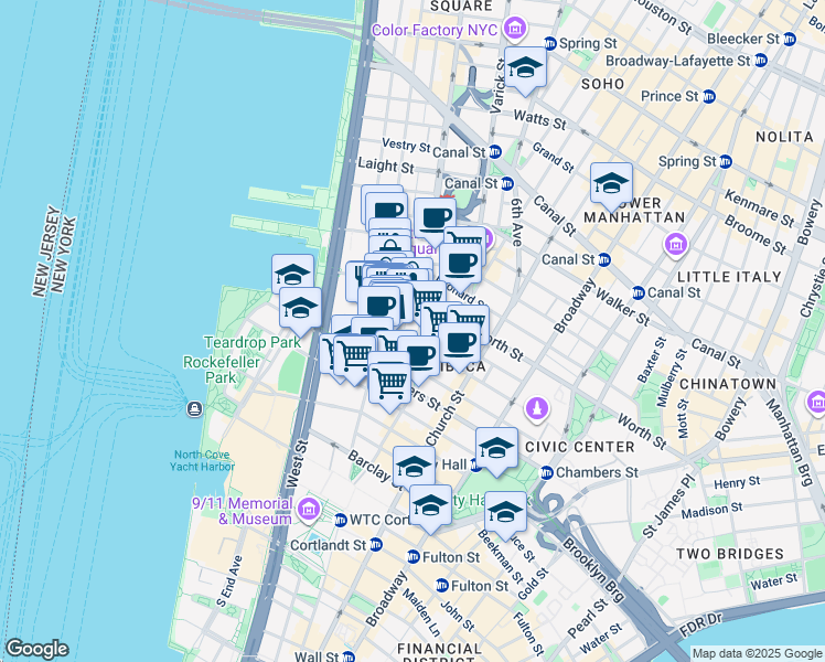 map of restaurants, bars, coffee shops, grocery stores, and more near 165 Duane Street in New York