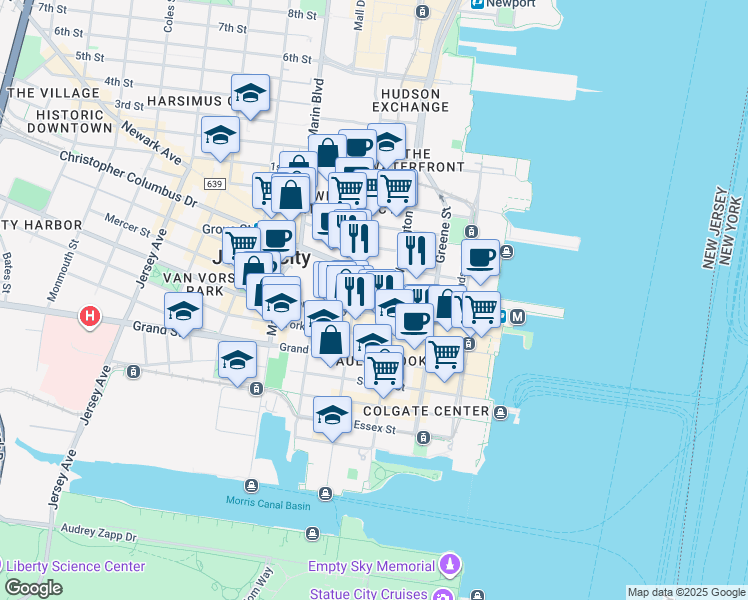 map of restaurants, bars, coffee shops, grocery stores, and more near 25 Christopher Columbus Drive in Jersey City