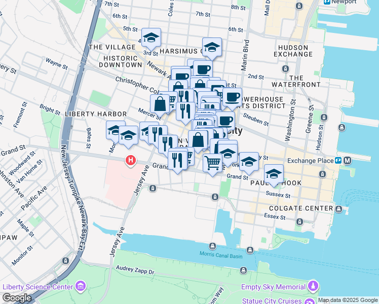 map of restaurants, bars, coffee shops, grocery stores, and more near 258 Barrow Street in Jersey City