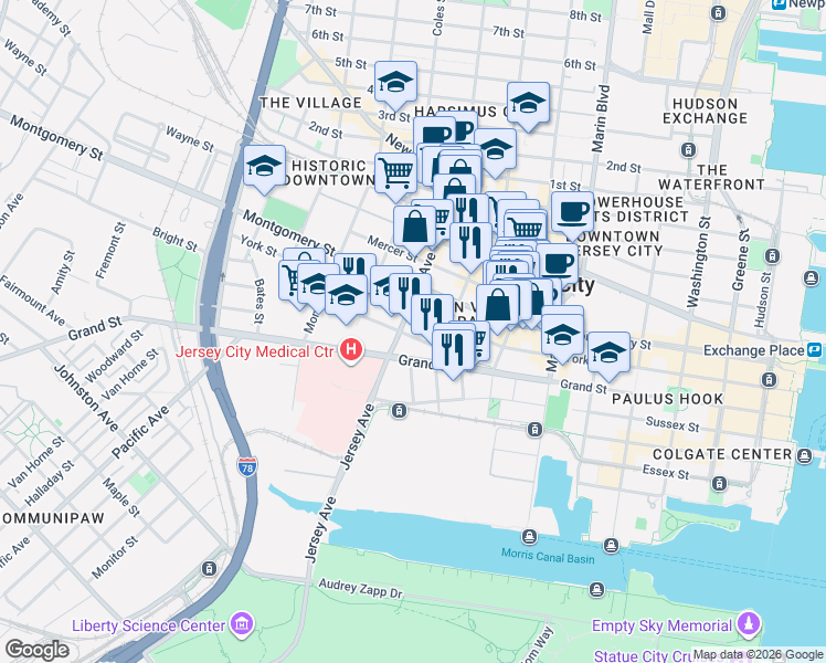 map of restaurants, bars, coffee shops, grocery stores, and more near 293 York Street in Jersey City