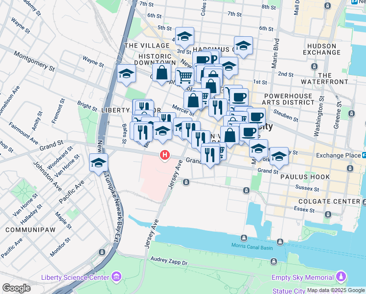 map of restaurants, bars, coffee shops, grocery stores, and more near 441 Jersey Avenue in Jersey City