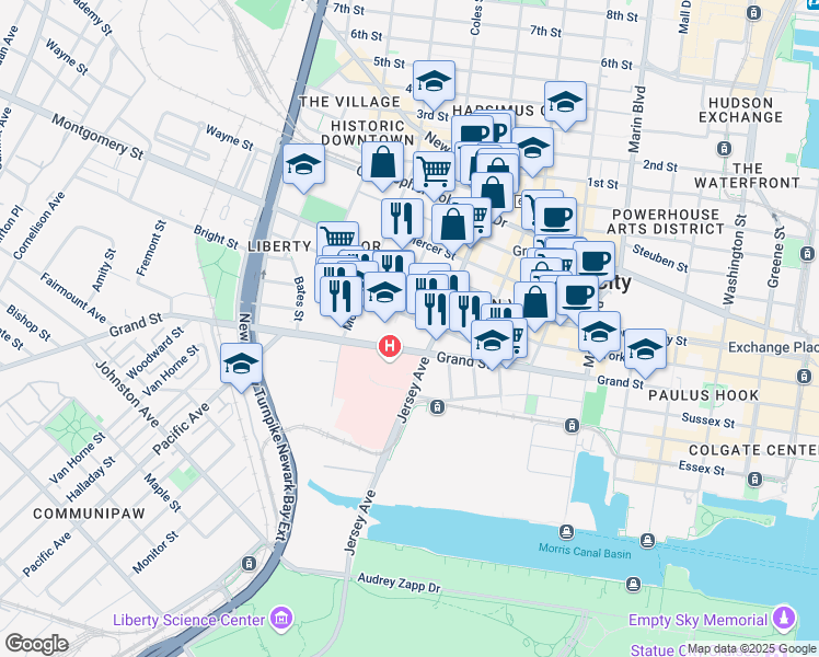 map of restaurants, bars, coffee shops, grocery stores, and more near 441 Jersey Avenue in Jersey City
