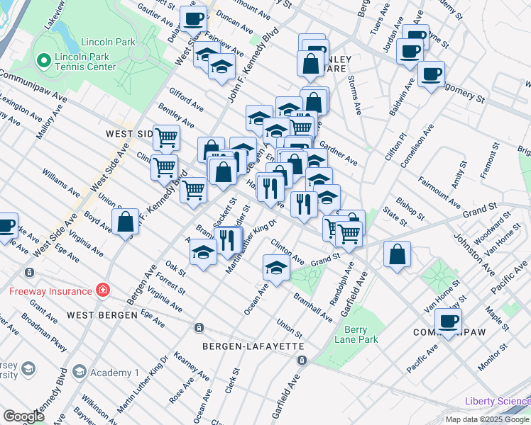map of restaurants, bars, coffee shops, grocery stores, and more near 598 Communipaw Avenue in Jersey City