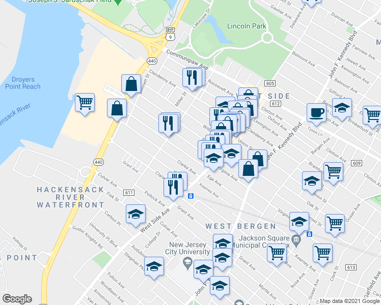 map of restaurants, bars, coffee shops, grocery stores, and more near 306 Ege Avenue in Jersey City