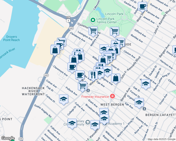 map of restaurants, bars, coffee shops, grocery stores, and more near 306 Ege Avenue in Jersey City