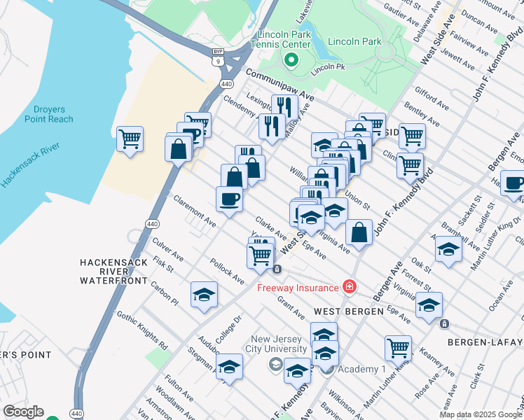 map of restaurants, bars, coffee shops, grocery stores, and more near 306 Ege Avenue in Jersey City