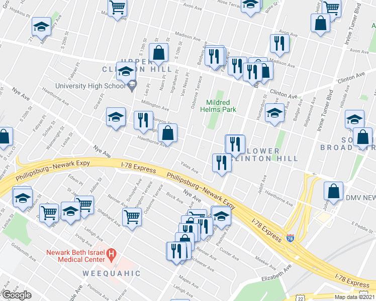 map of restaurants, bars, coffee shops, grocery stores, and more near 147 Osborne Terrace in Newark