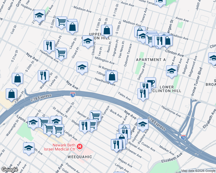 map of restaurants, bars, coffee shops, grocery stores, and more near 344 Hawthorne Avenue in Newark
