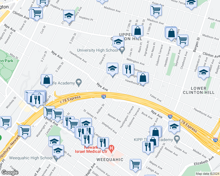 map of restaurants, bars, coffee shops, grocery stores, and more near 161 Clinton Place in Newark