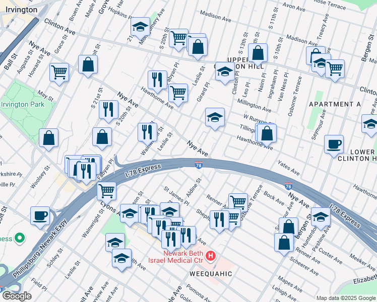 map of restaurants, bars, coffee shops, grocery stores, and more near 44 Dewey Street in Newark