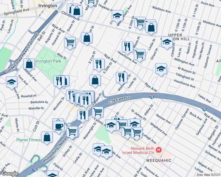 map of restaurants, bars, coffee shops, grocery stores, and more near in Newark
