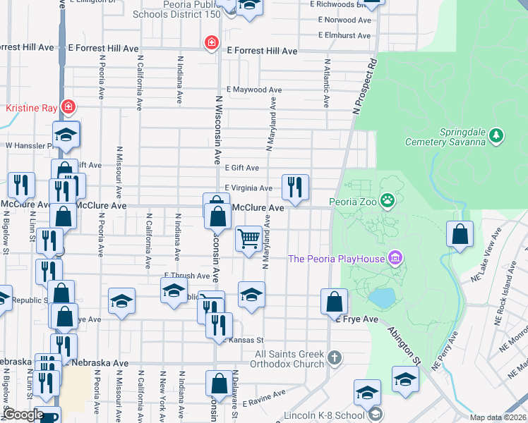 map of restaurants, bars, coffee shops, grocery stores, and more near 912 East McClure Avenue in Peoria