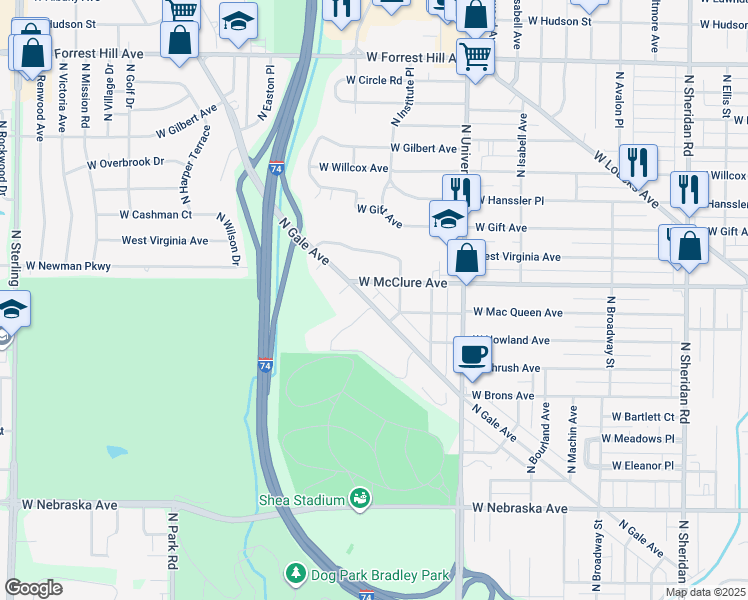 map of restaurants, bars, coffee shops, grocery stores, and more near 2418 North Gale Avenue in Peoria