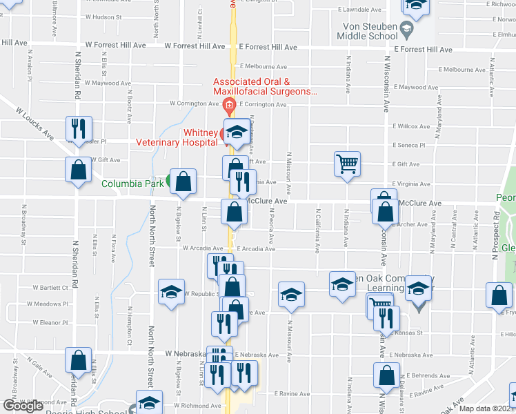 map of restaurants, bars, coffee shops, grocery stores, and more near 202 E McClure Ave in Peoria