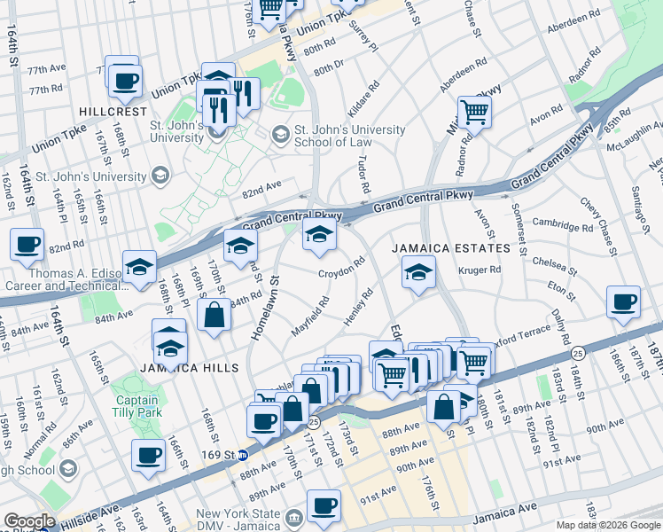 map of restaurants, bars, coffee shops, grocery stores, and more near 173-73 Croydon Road in Queens