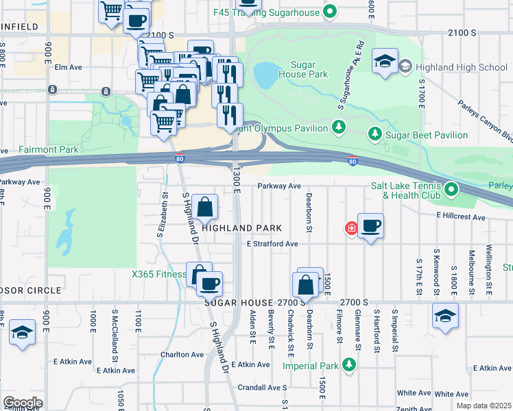 map of restaurants, bars, coffee shops, grocery stores, and more near 2491 Alden Street East in Salt Lake City