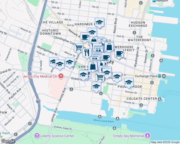 map of restaurants, bars, coffee shops, grocery stores, and more near 215 Montgomery Street in Jersey City
