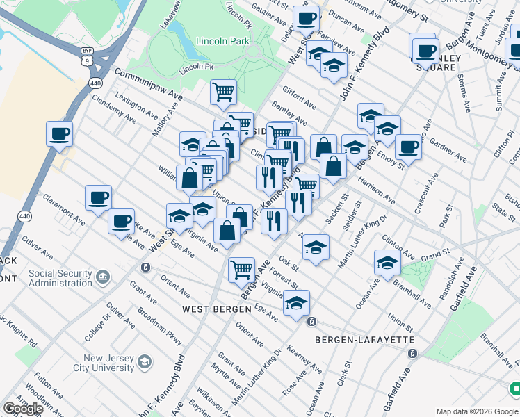 map of restaurants, bars, coffee shops, grocery stores, and more near 2305 John F Kennedy Blvd W in Jersey City