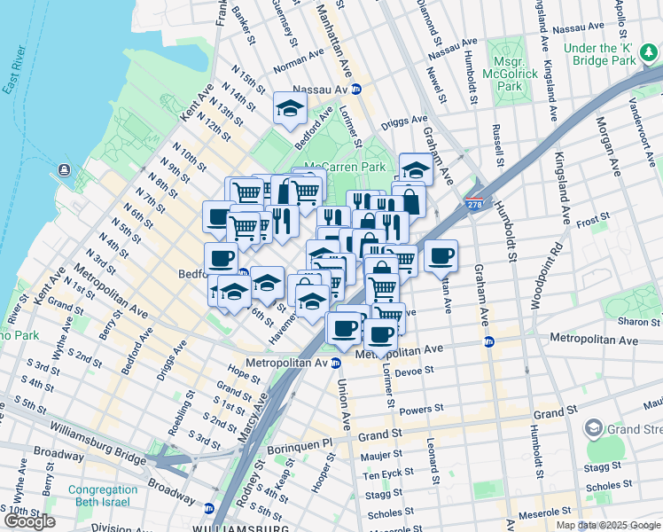map of restaurants, bars, coffee shops, grocery stores, and more near 544 Union Avenue in Brooklyn
