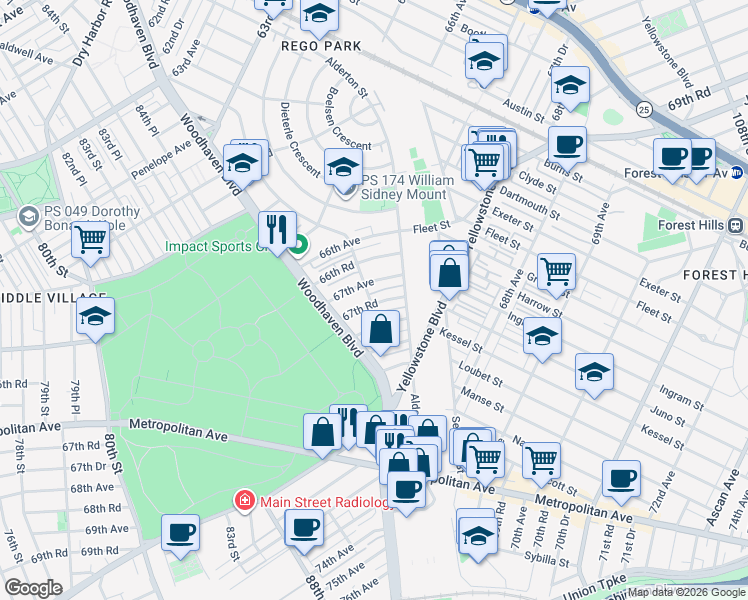 map of restaurants, bars, coffee shops, grocery stores, and more near 85-53 67th Road in Queens