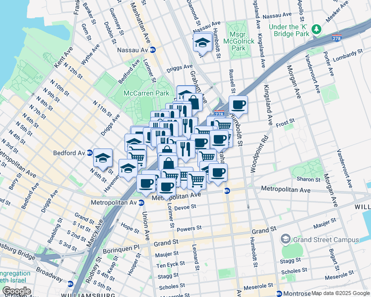 map of restaurants, bars, coffee shops, grocery stores, and more near 282 Meeker Avenue in Brooklyn