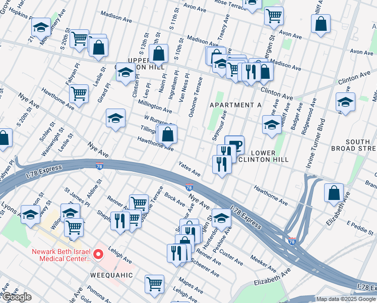 map of restaurants, bars, coffee shops, grocery stores, and more near 293 Hawthorne Avenue in Newark