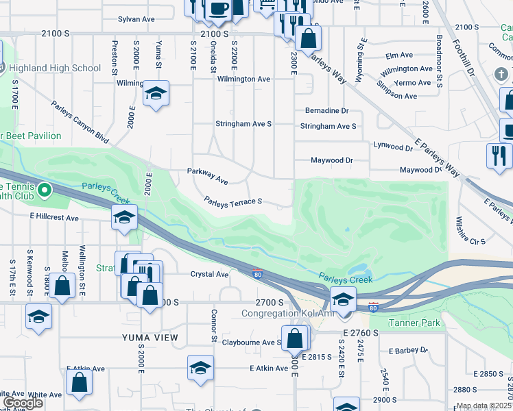 map of restaurants, bars, coffee shops, grocery stores, and more near 2240 Parleys Terrace South in Salt Lake City