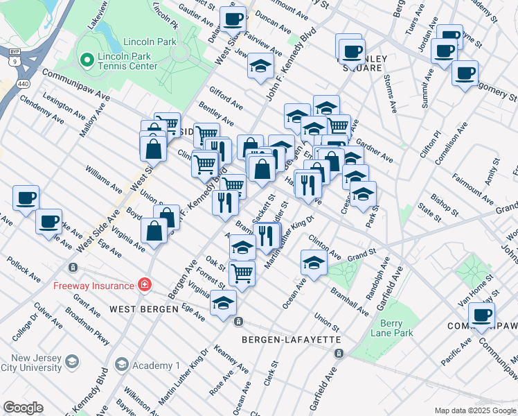 map of restaurants, bars, coffee shops, grocery stores, and more near 113 Clinton Avenue in Jersey City