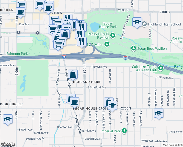 map of restaurants, bars, coffee shops, grocery stores, and more near 2491 Alden Street in Salt Lake City