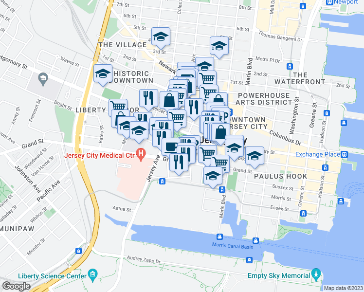 map of restaurants, bars, coffee shops, grocery stores, and more near 293 York Street in Jersey City