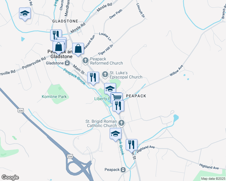 map of restaurants, bars, coffee shops, grocery stores, and more near 164 Main Street in Peapack and Gladstone