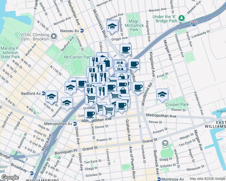 map of restaurants, bars, coffee shops, grocery stores, and more near 104 Frost Street in Brooklyn