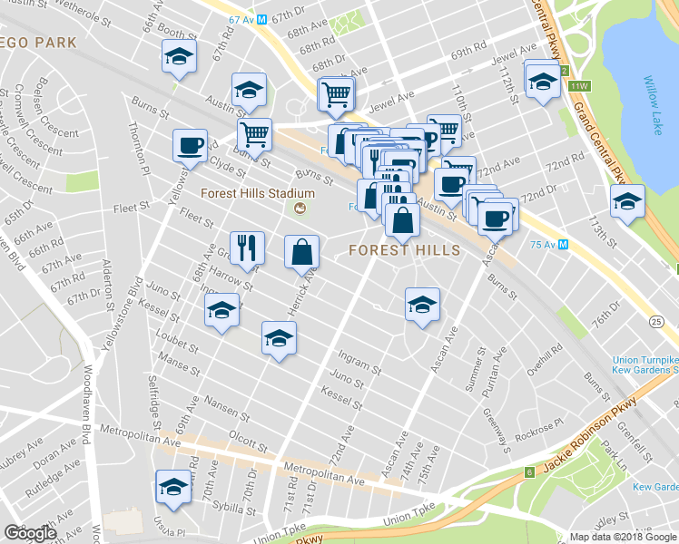 map of restaurants, bars, coffee shops, grocery stores, and more near 27 Exeter Street in Queens