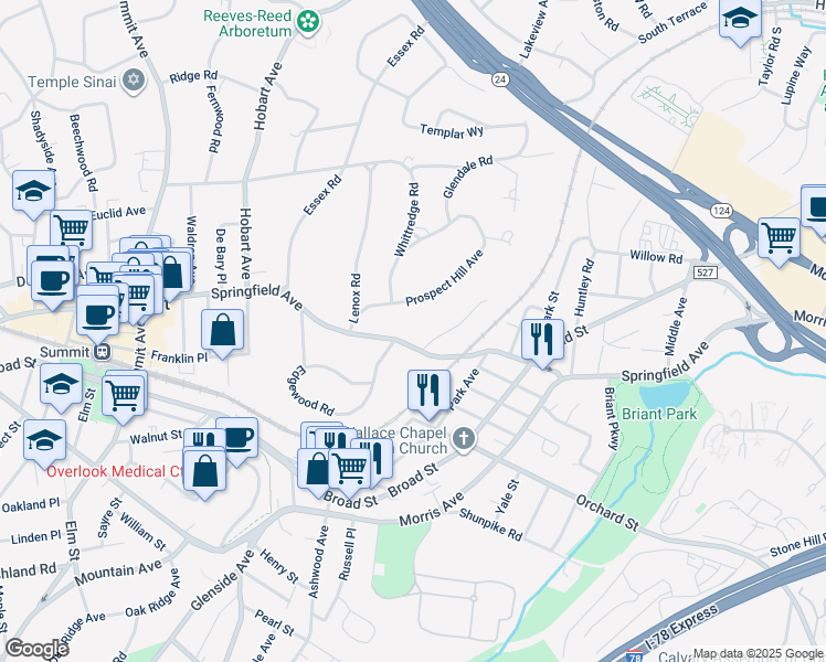 map of restaurants, bars, coffee shops, grocery stores, and more near 175 Springfield Avenue in Summit