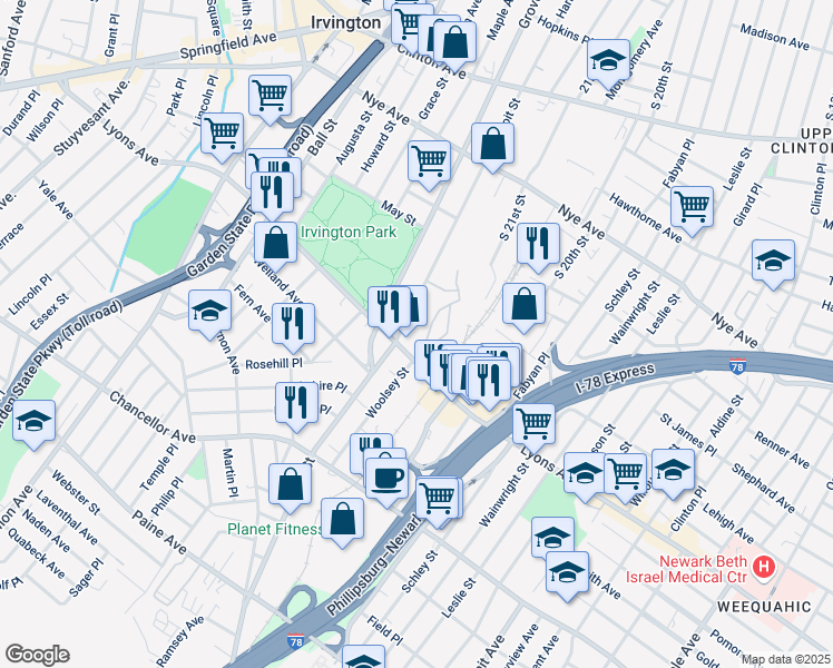 map of restaurants, bars, coffee shops, grocery stores, and more near 212 Coit Street in Irvington