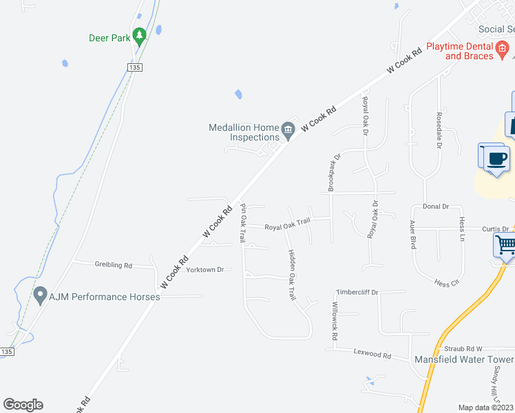map of restaurants, bars, coffee shops, grocery stores, and more near 1515 White Oak Court in Mansfield